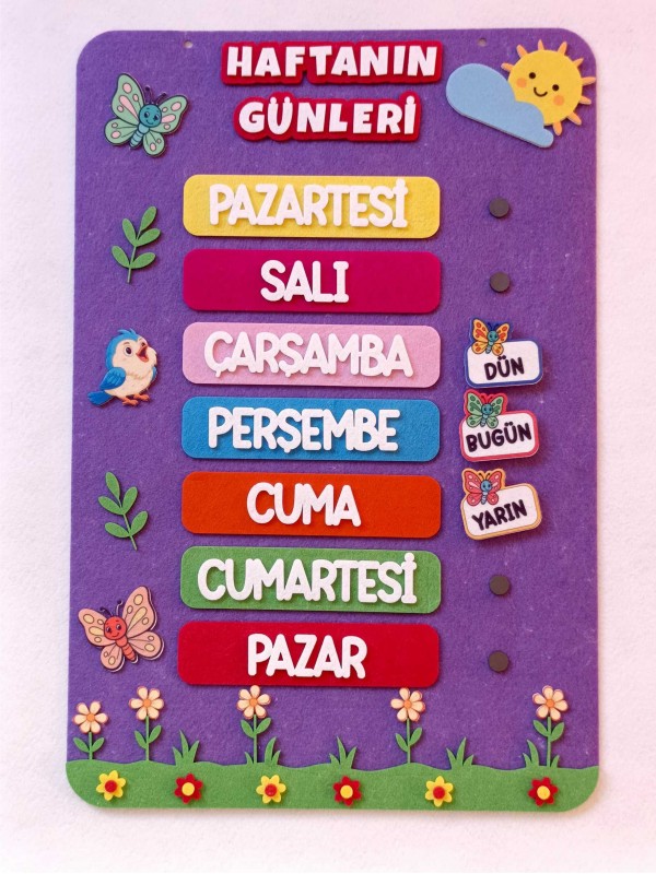 Haftanın Günleri Zeminli Keçe Pano - Çiçekli Model