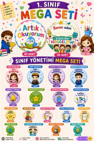 1. Sınıf Mega Seti – 106 Adet Metal Öğrenci Rozeti&hellip;
