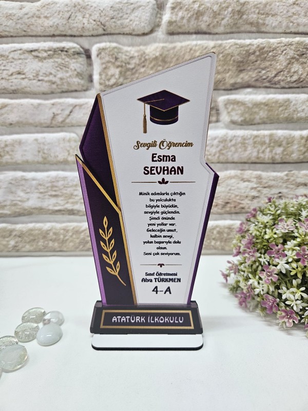 Kişiye Özel Ahşap Mezuniyet Plaketi - Mor & Gold Detaylı